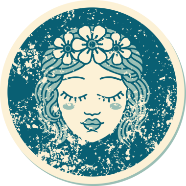 İkonik sıkıntılı dövme stili kadın yüzü bir insan tarafından çizilmiş gözleri.