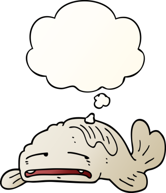 Hüzünlü yaşlı balık çizgi filmi. Düşünce baloncuğu bir insan tarafından çizilmiş.