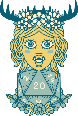 Retro Dövme Biçimi Yarı Ork Druid Bir insan tarafından çizilmiş 20 zar ile