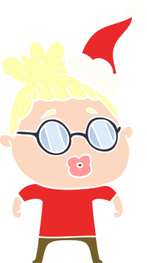 Bir insanın çizdiği Noel Baba şapkası takan bir kadının el çizimi düz renk çizimi.