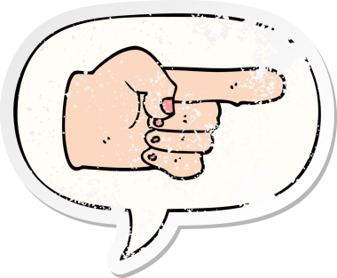 Bir insan tarafından çizilmiş, sıkıntılı, eski bir çıkartmayı gösteren, konuşma baloncuğu olan bir çizgi film.