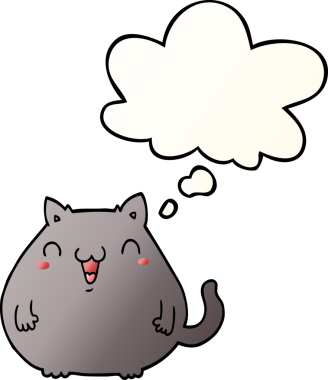 Bir insan tarafından çizilmiş yumuşak eğimli düşünce baloncuklu çizgi film kedisi.