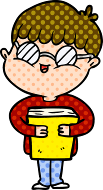 Bir insan tarafından çizilmiş kitap taşıyan gözlüklü bir çizgi film çocuğu.