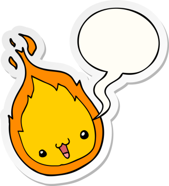 Bir insan tarafından çizilmiş konuşma balonu çıkartmalı sevimli çizgi film alevi.