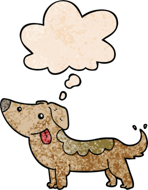 Bir insan tarafından çizilmiş grunge desenli düşünce baloncuğu olan çizgi film köpeği.