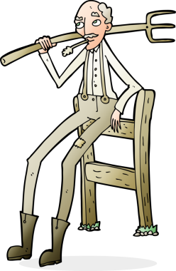 Bir insan tarafından çizilmiş çitlere yaslanan yaşlı çiftçi çizgi filmi.