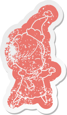 Bir insan tarafından çizilmiş noel baba şapkası giyen şaşı bir kızın garip karikatürü.