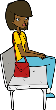 Bir insan tarafından çizilmiş bankta oturan çizgi film kadını.