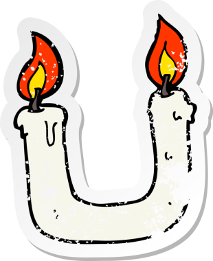 Bir insanın çizdiği çizgi filmin iki ucunda yanan bir mumun gerilimli retro etiketi.