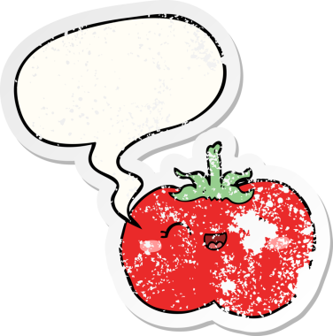 Konuşma baloncuklu çizgi film domatesi bir insan tarafından çizilmiş sıkıntılı eski bir çıkartma