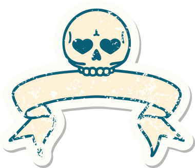 Bir insan tarafından çizilmiş kafatasının pankartıyla eski bir etiket.