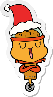 Bir insan tarafından çizilmiş Noel Baba şapkası giyen bir robotun mutlu el çizimi karikatürü.