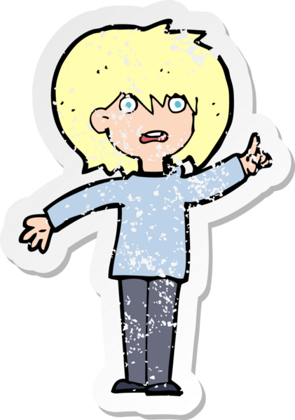 Bir insan tarafından çizilen soruları soran karikatürlü bir kadının gerilimli çıkartması.