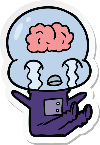 Bir çizgi film çıkartması. Bir insan tarafından çizilmiş büyük beyinli uzaylı ağlaması.