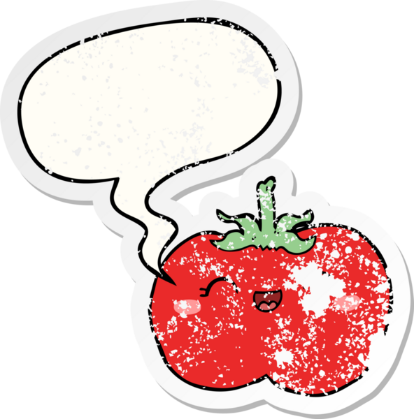 Konuşma baloncuklu çizgi film domatesi bir insan tarafından çizilmiş sıkıntılı eski bir çıkartma