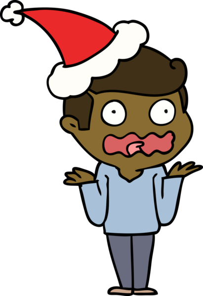 Bir insanın çizdiği Noel Baba şapkasıyla strese girmiş bir adamın el çizimi.