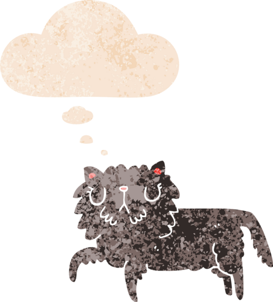 grunge 'da düşünce baloncuğu olan çizgi film kedisi bir insan tarafından çizilmiş dertli retro desenli