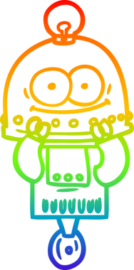 Gökkuşağı gradyan çizgisi mutlu bir karton robot çizimi ve bir insan tarafından çizilmiş ampul.