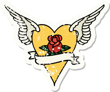 Geleneksel bir stil olan, çiçek ve pankart çizilmiş uçan kalp dövmesi.