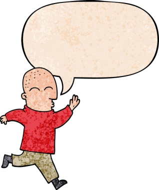 Bir insan tarafından çizilmiş eski doku ile konuşma baloncuğu ile koşan çizgi film adamı