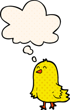 Çizgi roman tarzında düşünce baloncuğu olan çizgi film kuşu insan tarafından çizilmiş.