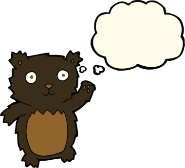 Bir insan tarafından çizilmiş düşünce baloncuğu ile siyah ayı yavrusunu sallayan çizgi film.