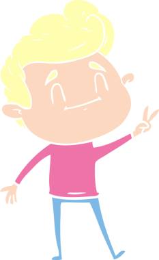 Mutlu düz renkli çizgi film karakteri bir insan tarafından çizilmiş barış işareti veriyor.