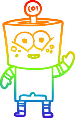 Gökkuşağı gradyan çizimi mutlu bir robot çizgi filmi. Bir insan tarafından çizilmiş merhaba.