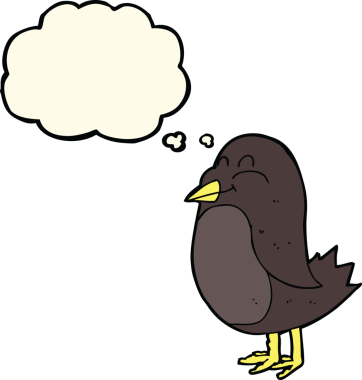 Bir insan tarafından çizilmiş düşünce baloncuklu çizgi film kuşu.