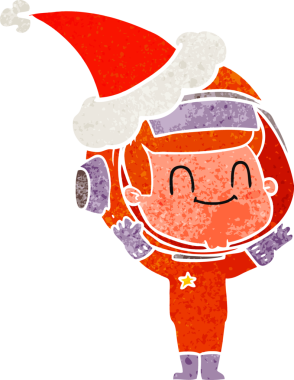 Noel Baba şapkası giyen astronot bir insan tarafından çizilmiş mutlu el çizimi bir çizgi film.