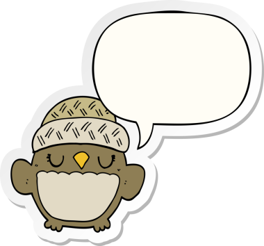 Bir insan tarafından çizilmiş konuşma kabarcığı etiketli şapkalı sevimli bir baykuş.