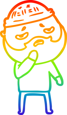 Bir insan tarafından çizilmiş sakallı, endişeli bir çizgi film çizimi.