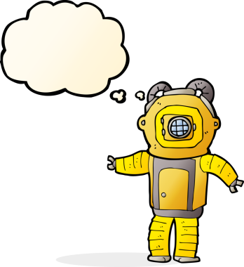 Bir insan tarafından çizilmiş düşünce balonlu derin deniz dalgıcı.