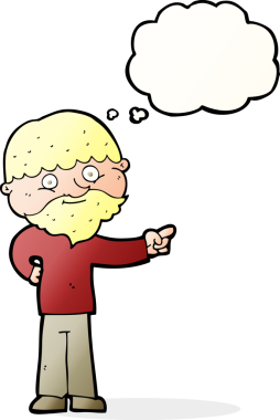 Karikatür sakallı adam bir insan tarafından çizilmiş düşünce balonuyla işaret ediyor.