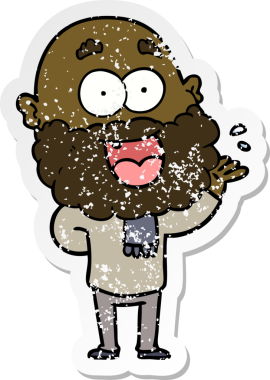 Çizgi film çıkartması sakallı, çılgın, mutlu bir adam bir insan tarafından çizilmiş.