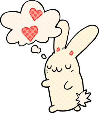 Çizgi roman tarzında bir insan tarafından çizilmiş düşünce baloncuğuna aşık çizgi film tavşanı