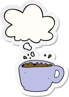 Düşünce baloncuklu çizgi film kahve fincanı insan tarafından çizilmiş bir çıkartma.