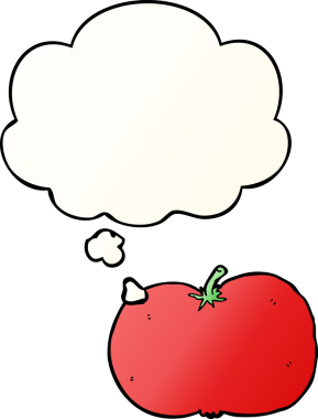 Düşünce baloncuklu çizgi film domatesi, bir insan tarafından çizilmiş düz eğimli bir şekil.