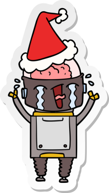 Bir insan tarafından çizilmiş Noel Baba şapkası takan ağlayan bir robotun el yazısı.