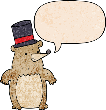 Çizgi film ayısı silindir şapkalı, konuşma baloncuğu retro doku şeklinde bir insan tarafından çizilmiş.