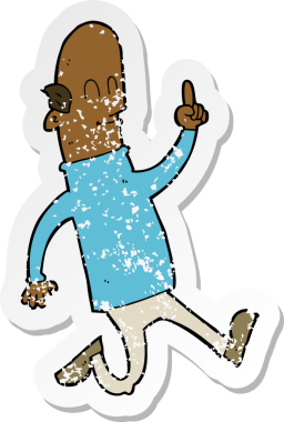 Bir insan tarafından çizilmiş bir fikri olan kel bir adamın gerilemiş retro yapıştırması.