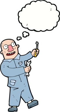 Bir insan tarafından çizilmiş düşünce kabarcığı olan karikatür tamircisi.