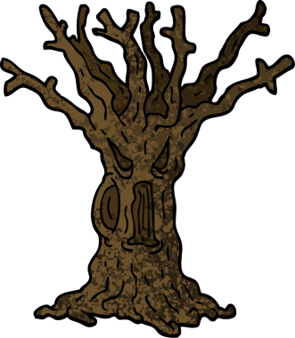 Bir insan tarafından çizilmiş grunge desenli karikatür ürkütücü ağaç.