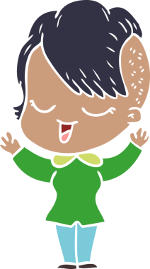 Bir insan tarafından çizilmiş mutlu düz renkli çizgi film kızı.