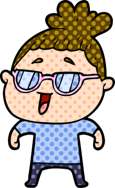 Bir insan tarafından çizilmiş gözlüklü mutlu kadın çizgi filmi.