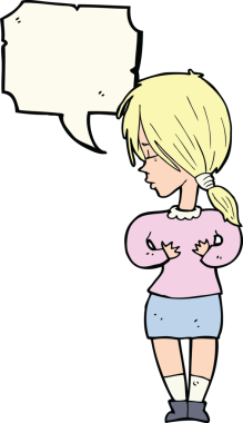 bir insan tarafından çizilmiş konuşma balonu olan utangaç bir kadın.