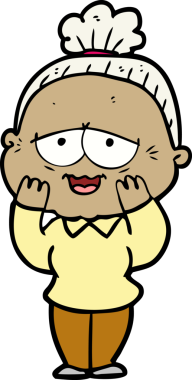 Bir insan tarafından çizilmiş mutlu yaşlı kadın çizgi filmi.