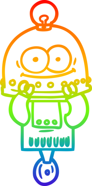 Gökkuşağı gradyan çizgisi mutlu bir karton robot çizimi ve bir insan tarafından çizilmiş ampul.