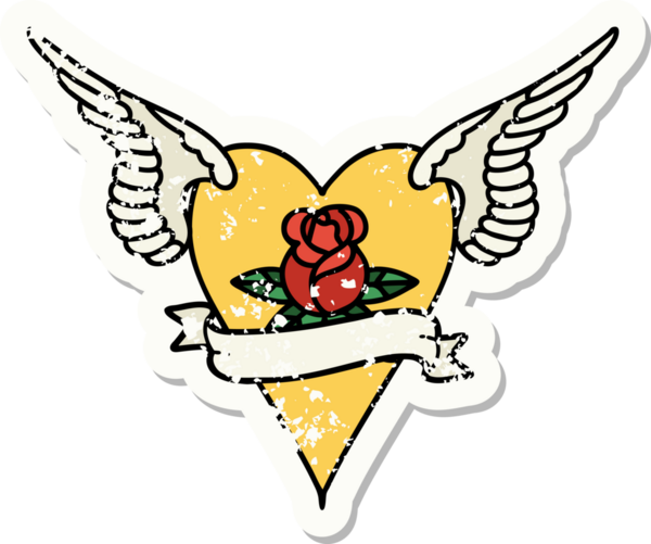 Geleneksel bir stil olan, çiçek ve pankart çizilmiş uçan kalp dövmesi.