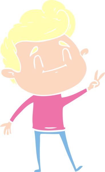 Mutlu düz renkli çizgi film karakteri bir insan tarafından çizilmiş barış işareti veriyor.